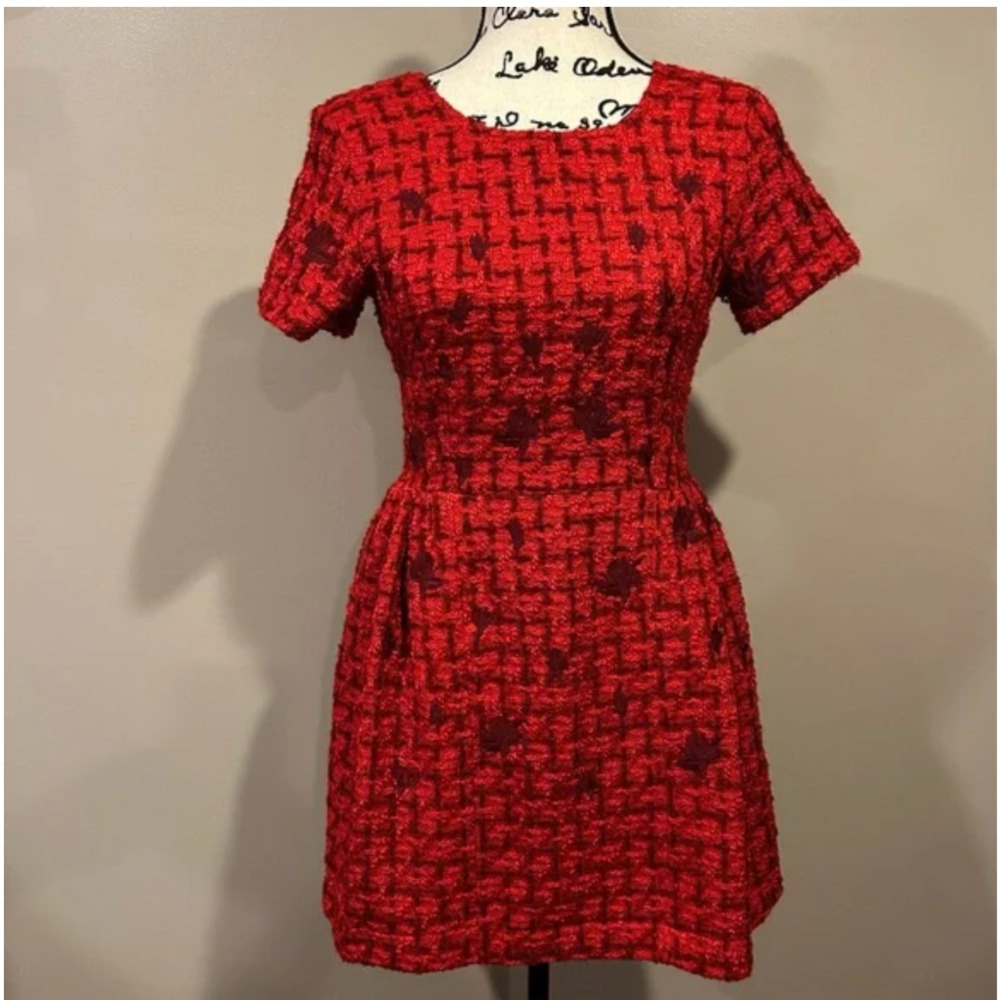 Fanm Mon Samantha Tweed Embroidered Scoop Neck Cap Sleeve A-line Mini Dress